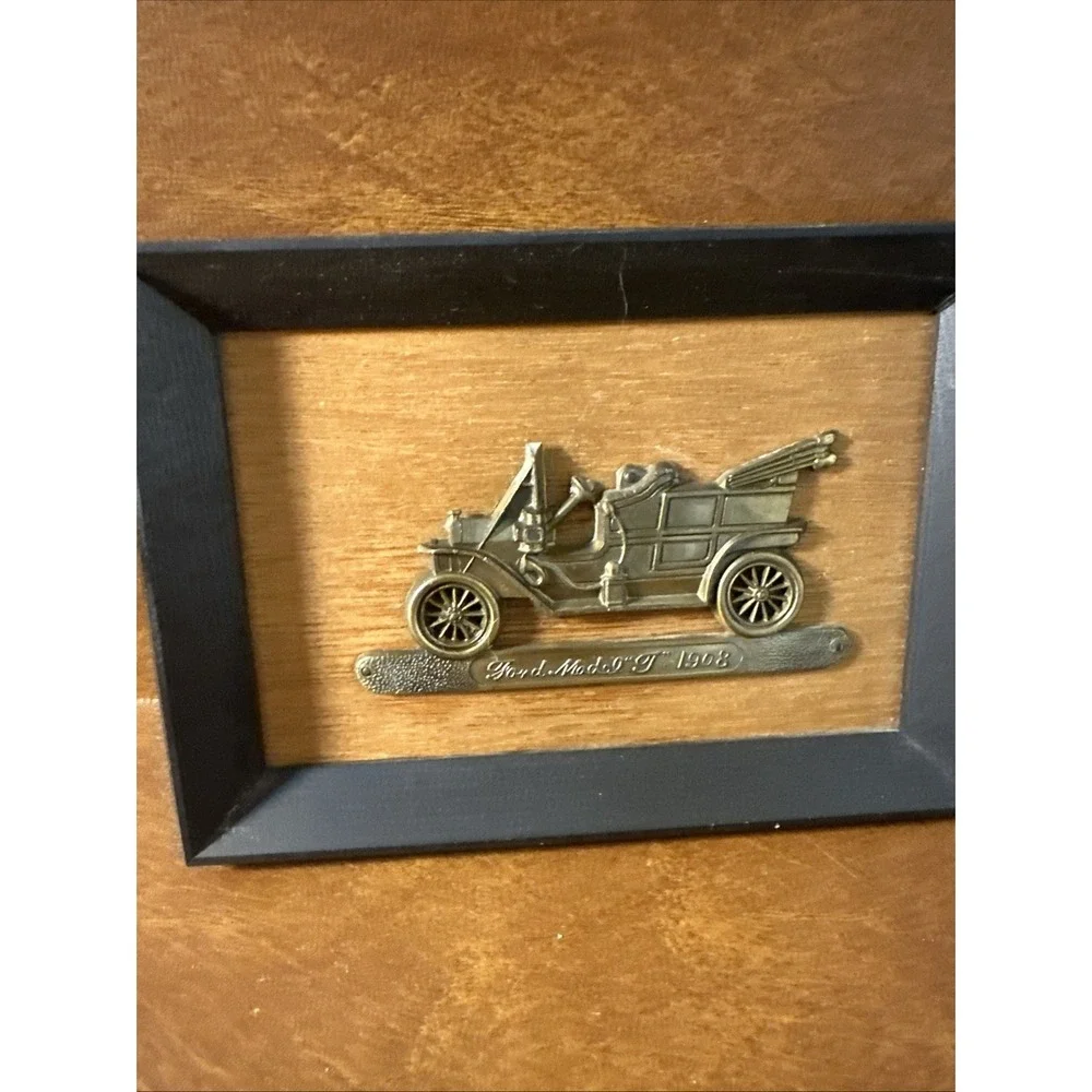 Vintage Brass Antique Cars Mounted on Wood Wall Hangings  Japan 5